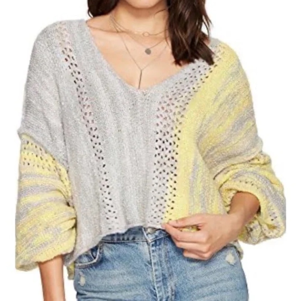 Free People Amethyst Sweater Puff Sleeve Crochet V-Neck Gray Yellow Size Small